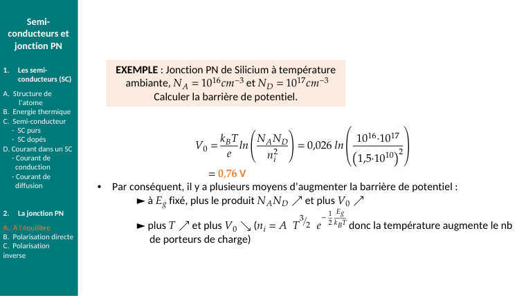 Diapo du cours : EXEMPLE : Jonction PN de Silicium à température
