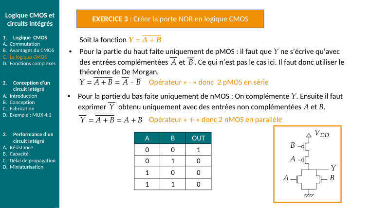 Diapo du cours : EXERCICE 3 : Créer la porte NOR en logique CMOS