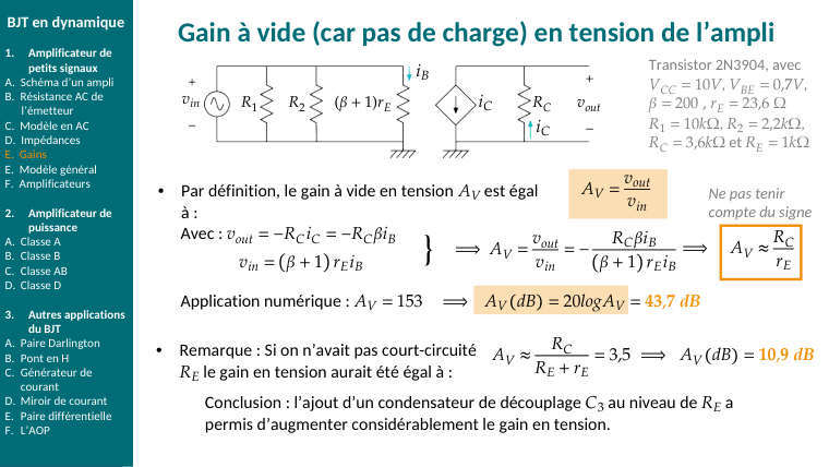 Diapo du cours : Gain à vide (car pas de charge) en tension de l’ampli
