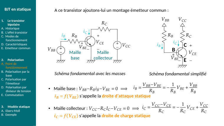 Diapo du cours : Maille base : 𝑉𝐵𝐵−𝑅𝐵𝑖𝐵−𝑉𝐵𝐸= 0 ⟹