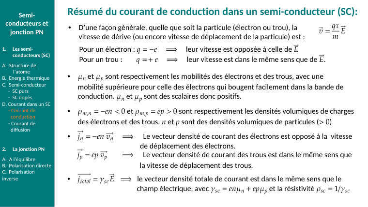 Diapo du cours : Résumé du courant de conduction dans un semi-conducteur (SC):